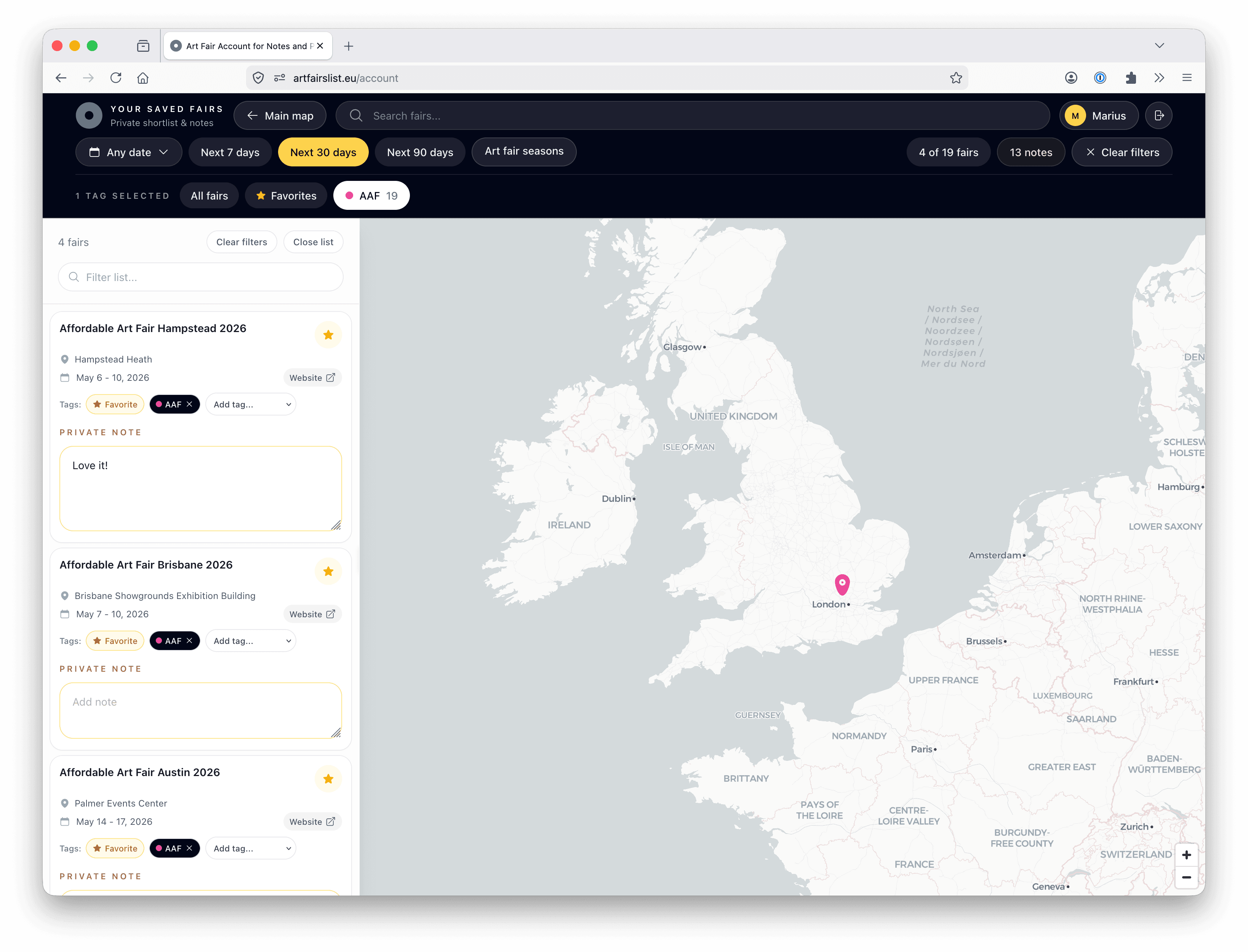 Account map with saved fairs, filters, private notes, and tags
